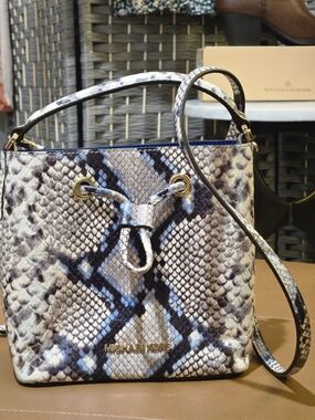 MICHAEL KORS Snake Print Bucket Crossbody Bag | Blue Interior